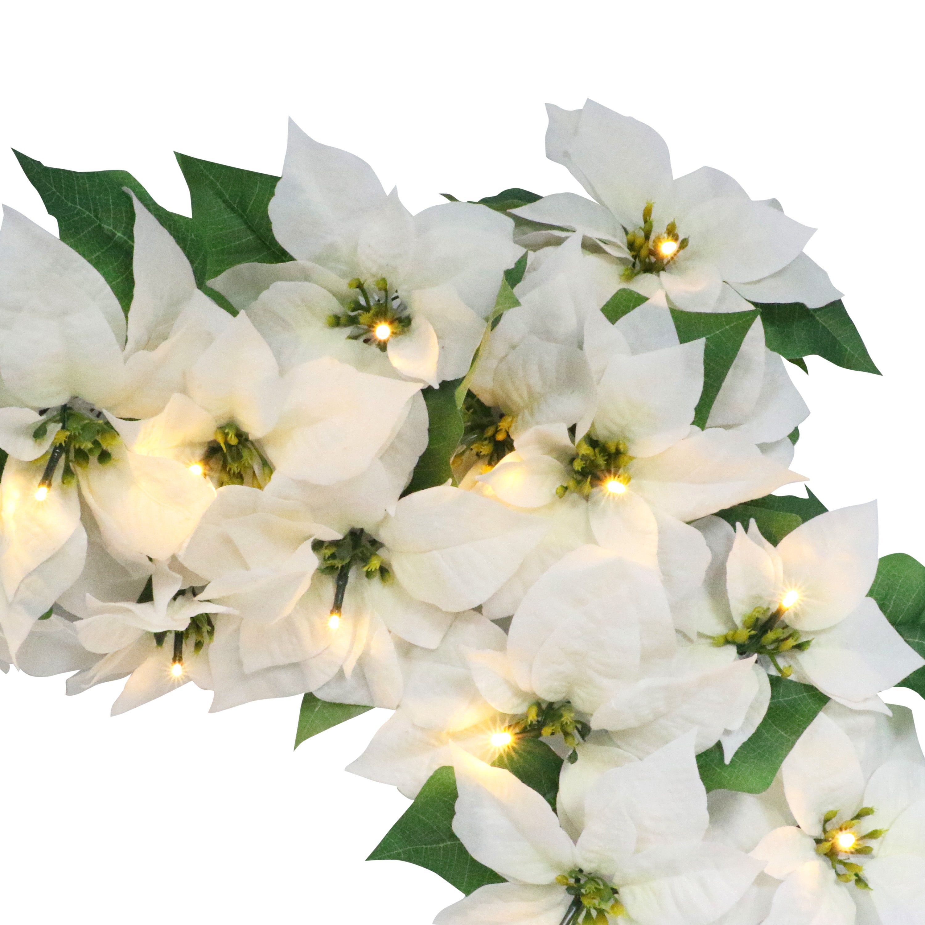 6' x 12" Pre-Lit Battery-Operated White Poinsettia Garland